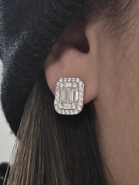 Silver Toned Emerald-Cut Halo Stud Earrings - Women Jewelry